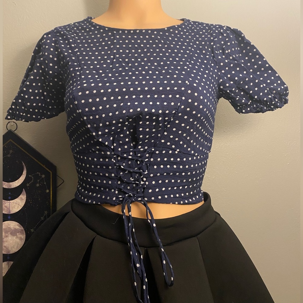 Navy blue with white polka dots crop top by xhilarations size XS.